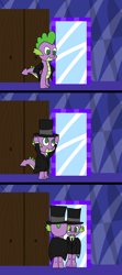 Size: 1024x2304 | Tagged: safe, artist:platinumdrop, spike, g4, clothes, comic, hat, mirror, request, solo, top hat, tuxedo