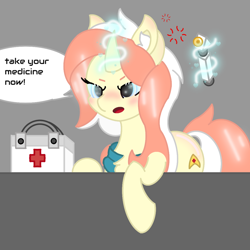 Size: 1080x1080 | Tagged: safe, artist:sodapop sprays, oc, oc only, oc:sugarspoon, pony, unicorn, angry, blue eyes, blushing, clothes, combadge, concerned, doctor, ear blush, ear fluff, emh, eye, eyes, female, food, hypospray, magic, magic aura, mane, mare, medkit, nose blush, orange, scarf, solo, speech bubble, spread wings, star trek, tail, talking to viewer, telekinesis, white, wings