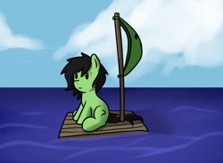 Size: 1188x870 | Tagged: safe, artist:neuro, oc, oc only, oc:filly anon, earth pony, pony, female, filly, foal, ocean, raft, sail, sitting, solo, water