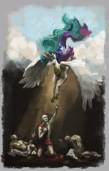 Size: 2294x3612 | Tagged: safe, artist:nemo2d, princess celestia, oc, oc:celestai, alicorn, human, pony, fanfic:friendship is optimal, female, flying, looking down, looking up, mare, propaganda poster, reaching