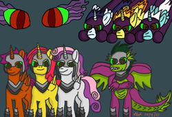 Size: 1024x697 | Tagged: safe, artist:kitsune85, apple bloom, fleetfoot, king sombra, scootaloo, soarin', spike, spitfire, sweetie belle, alicorn, dragon, pony, unicorn, g4, alicorn cmc, alicorn crusaders, alicorn cutie mark crusaders, alicorn shadowbolts, alicornified, alternate universe, armor, army, bad end, bevor, bloomicorn, boots, brainwashed, clothes, color change, cutie mark crusaders, dark magic, darkened coat, darkened hair, fleetcorn, gorget, helmet, magic, mind control, misty day, octet, race swap, request, requested art, scootacorn, shadowbolts, shoes, soaricorn, sombra eyes, sombra soldier, spitfirecorn, sweetiecorn, this will end in death, this will end in tears, this will end in tears and/or death, victorious villain, winged spike, wings, xk-class end-of-the-world scenario