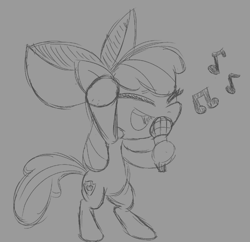 Size: 753x728 | Tagged: safe, artist:orbitalfox, apple bloom, earth pony, pony, g4, bipedal, eyes closed, female, filly, foal, microphone, music notes, open mouth, raised hoof, singing, sketch, solo, the cmc's cutie marks