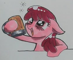 Size: 1013x837 | Tagged: safe, artist:namaenonaipony, berry punch, berryshine, earth pony, pony, g4, alcohol, blushing, drink, drunk, drunk bubbles, female, hoof hold, mare, open mouth, solo, traditional art