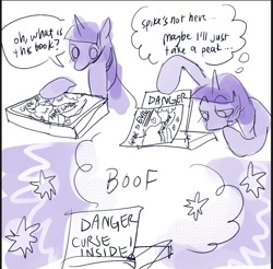 Size: 1091x1075 | Tagged: safe, artist:_rainaru, twilight sparkle, pony, book, comic, female, horn, implied spike, looking at something, mare, onomatopoeia, simple background, solo, speech bubble, thought bubble, white background