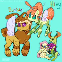 Size: 2048x2048 | Tagged: safe, artist:3ggmilky, fluttershy, thorax, oc, oc:bumble, oc:hivy, changedling, changeling, changepony, hybrid, pegasus, pony, g4, beehive hairdo, blushing, bouquet, female, flower, high res, interspecies offspring, king thorax, male, offspring, parent:fluttershy, parent:thorax, parents:thoraxshy, shipping, simple background, smiling, straight, teal background, thoraxshy