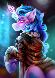 Size: 2965x4200 | Tagged: safe, artist:rico_chan, izzy moonbow, cyborg, cyborg pony, pony, unicorn, the sunjackers, g5, my little pony: a new generation, blurry background, city, clothes, crossover, cyberpunk, cyberpunk 2077, detailed, ear fluff, eye glow, fluffy, frog (hoof), glowing, glowing eyes, glowing horn, high res, horn, jacket, lightning, lineless, magic, magic aura, rear view, samurai, scar, smiling, solo, underhoof