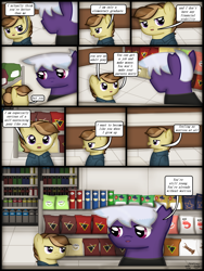 Size: 1750x2333 | Tagged: safe, artist:99999999000, oc, oc only, oc:firearm king, oc:zhang cathy, earth pony, pony, comic:journey, clothes, comic, dialogue, duo, duo male and female, earth pony oc, female, filly, foal, high res, lidded eyes, looking at each other, looking at someone, male, open mouth, palindrome get, speech bubble, stallion