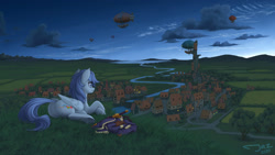 Size: 3000x1688 | Tagged: safe, artist:1jaz, oc, oc only, pegasus, pony, airship, butt, mountain, mountain range, plot, river, scenery, solo, sword, town, tree, water, weapon