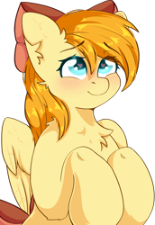 Size: 1662x2421 | Tagged: safe, artist:etoz, oc, oc only, oc:deliambre, pegasus, pony, blushing, bow, commission, cute, eyebrows, eyebrows down, eyebrows visible through hair, female, hair bow, happy, mare, pegasus oc, raised hoof, shy, simple background, smiling, solo, transparent background, ych result