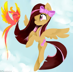 Size: 1600x1590 | Tagged: safe, artist:katemaximova, oc, oc only, pegasus, phoenix, pony, cloud, duo, female, flying, mare, one eye closed, outdoors, sky, spread wings, wings