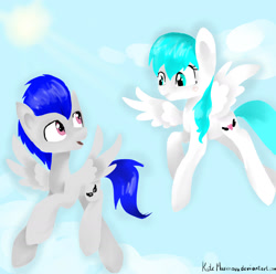 Size: 1600x1590 | Tagged: safe, artist:katemaximova, oc, oc only, pegasus, pony, cloud, duo, flying, looking at each other, looking at someone, looking back, sky, spread wings, wings