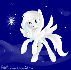 Size: 1600x1590 | Tagged: safe, artist:katemaximova, oc, oc only, pony, female, flying, mare, snow, snowflake, solo, spread wings, wings