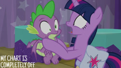 Size: 1280x720 | Tagged: safe, edit, edited screencap, editor:quoterific, screencap, spike, twilight sparkle, alicorn, dragon, pony, a trivial pursuit, g4, season 9, bag, duo, female, male, mare, open mouth, saddle bag, shrunken pupils, spread wings, text, twilight sparkle (alicorn), winged spike, wings
