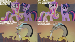 Size: 1280x720 | Tagged: safe, edit, edited screencap, editor:quoterific, screencap, discord, princess cadance, twilight sparkle, alicorn, draconequus, pony, g4, season 4, three's a crowd, crossed arms, crown, discord is not amused, eyes closed, female, jewelry, male, mare, open mouth, open smile, regalia, smiling, text, trio, twilight sparkle (alicorn), unamused