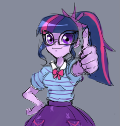 Size: 1377x1444 | Tagged: dead source, safe, artist:gwarhelym, sci-twi, twilight sparkle, human, equestria girls, g4, my little pony equestria girls: better together, female, gray background, simple background, solo, thumbs up