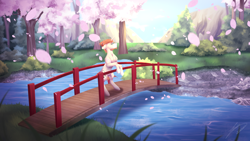 Size: 3960x2228 | Tagged: safe, artist:lunciakkk, oc, oc only, oc:mckeypl, pony, unicorn, series:mckeypl in years, bridge, cherry blossoms, commission, ear fluff, facial hair, flower, flower blossom, forest, high res, horn, leaves, male, part of set, ponytail, river, solo, stallion, water