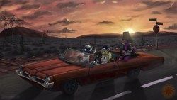 Size: 1600x900 | Tagged: safe, artist:1jaz, oc, oc only, pony, bandage, car, classic car, desert, driving, electric guitar, guitar, musical instrument, pontiac, pontiac catalina, power line, red hot chili peppers, reference, rock (music), song reference