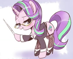 Size: 1326x1067 | Tagged: safe, artist:k-nattoh, starlight glimmer, pony, unicorn, g4, clothes, female, fishnet stockings, glasses, heels on a horse, high heels, hoof hold, horn, lidded eyes, looking at you, mare, raised hoof, shoes, socks, solo, stockings, thigh highs
