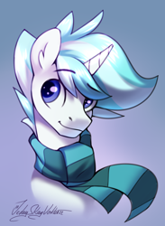 Size: 2000x2736 | Tagged: safe, artist:jedayskayvoker, oc, oc only, oc:vanilla ice, pony, unicorn, bust, clothes, colored, colored sketch, commission, cute, full color, high res, icon, male, portrait, raised eyebrow, scarf, sketch, solo, stallion, striped scarf