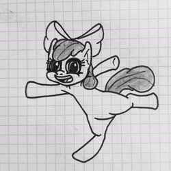 Size: 2092x2092 | Tagged: safe, artist:zados7, apple bloom, earth pony, pony, g4, bipedal, female, filly, foal, graph paper, high res, open mouth, solo, standing, standing on one leg, traditional art
