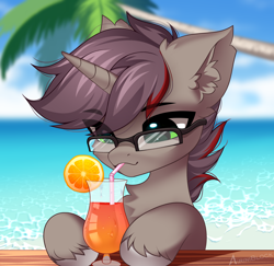Size: 2342x2272 | Tagged: safe, alternate character, alternate version, artist:airiniblock, oc, oc only, oc:morozov, pony, unicorn, alcohol, cocktail, drink, ear fluff, food, glasses, high res, horn, icon, male, ocean, orange, solo, unicorn oc, water