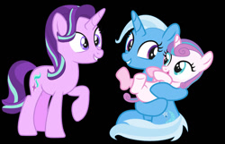 Size: 1280x826 | Tagged: safe, artist:frostninja007, princess flurry heart, starlight glimmer, trixie, alicorn, pony, unicorn, g4, black background, clothes, duo, female, filly, foal, holding a pony, looking at each other, looking at someone, mare, offspring, simple background, sitting, smiling