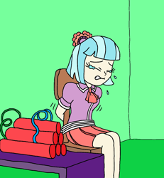 Size: 1778x1925 | Tagged: safe, artist:bugssonicx, edit, coco pommel, rarity, human, equestria girls, g4, arm behind back, bomb, bondage, clothes, cropped, crying, damsel in distress, equestria girls-ified, eyes closed, kidnapped, skirt, solo, tied to chair, tied up, weapon