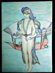 Size: 3072x4096 | Tagged: safe, artist:mildgyth, derpibooru exclusive, rarity, anthro, plantigrade anthro, g4, airship, clothes, goggles, jetpack, leotard, solo focus, traditional art