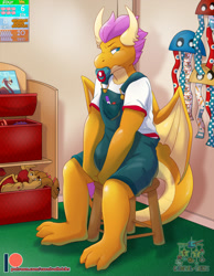 Size: 995x1280 | Tagged: safe, artist:carnival-tricks, smolder, dragon, g4, abdl, angry, chair, clothes, corner, cute, daycare, diaper, diaper fetish, dragoness, female, fetish, madorable, non-baby in diaper, nursery, overalls, pacifier, sitting, smolder in diaper, smolderbetes, stool
