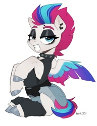 Size: 830x1080 | Tagged: safe, artist:hattiezazu, zipp storm, pegasus, pony, g5, choker, ear piercing, eyebrow piercing, eyeshadow, female, goth, lidded eyes, makeup, mare, piercing, simple background, sitting, solo, spiked choker, white background