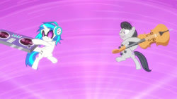 Size: 3410x1920 | Tagged: safe, screencap, dj pon-3, octavia melody, vinyl scratch, earth pony, pony, unicorn, g4, season 5, slice of life (episode), cello, duo, female, headphones, high res, mare, musical instrument, open mouth, open smile, smiling