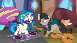 Size: 3410x1920 | Tagged: safe, screencap, dj pon-3, octavia melody, vinyl scratch, earth pony, pony, unicorn, g4, my little pony: friendship is magic, season 5, slice of life (episode), cello, duo, female, headphones, high res, mare, musical instrument, open mouth