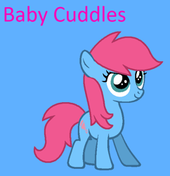 Size: 570x589 | Tagged: safe, artist:jigglewiggleinthepigglywiggle, baby cuddles, earth pony, pony, g1, g4, baby, baby cuddles being a tomboy, baby pony, blue background, cuddlebetes, cute, female, filly, foal, g1 to g4, generation leap, like scootaloo, narrowed eyes, pink hair, pink mane, pink tail, pink text, simple background, smiling, solo, tail, teal eyes, tomboy