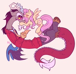 Size: 2048x2009 | Tagged: safe, artist:microsstash, discord, fluttershy, discordant harmony, g4, blushing, clothes, female, high res, kissing, male, necktie, pants, ship:discoshy, shipping, simple background, straight, sweater