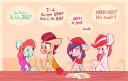 Size: 2048x1302 | Tagged: safe, alternate version, artist:scribble-potato, part of a set, jazz hooves, onyx, rocky riff, sugar moonlight, earth pony, pegasus, pony, unicorn, g5, bee movie, beret, clothes, cute, dialogue, female, group, hat, heart, hug, implied shipping, jewelry, male, mare, mug, necklace, open mouth, paper, pencil, poem, quartet, scarf, ship:rockjazz, shipping, speech bubble, stallion, straight, sweat, sweatdrop, unshorn fetlocks, ya like jazz?