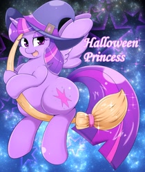 Size: 2479x2958 | Tagged: safe, artist:braffy, twilight sparkle, alicorn, pony, g4, broom, chubby, fat, female, flying, flying broomstick, halloween, hat, high res, holiday, looking at you, looking back, mare, open mouth, smiling, solo, spread wings, stars, twilard sparkle, twilight sparkle (alicorn), wings, witch, witch hat