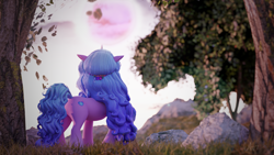 Size: 3840x2160 | Tagged: safe, artist:laylahorizonsfm, izzy moonbow, pony, unicorn, g5, my little pony: a new generation, 3d, back of head, blender, blender cycles, butt, female, grass, high res, mare, moon, mountain, plot, scenery, solo, tree