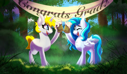 Size: 5002x2931 | Tagged: safe, artist:starcasteclipse, oc, pegasus, pony, unicorn, banner, cheers, cider mug, commission, congratulations, duo, ear tufts, forest, mug