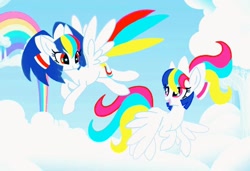 Size: 900x617 | Tagged: safe, artist:stacy_165cut, oc, oc only, pegasus, pony, bow, cloud, duo, duo female, female, flying, hair bow, looking at each other, looking at someone, mare, rainbow, sky, spread wings, wings