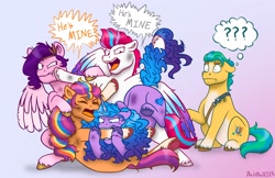 Size: 2048x1331 | Tagged: safe, artist:bella-pink-savage, hitch trailblazer, izzy moonbow, pipp petals, sunny starscout, zipp storm, earth pony, pegasus, pony, unicorn, g5, ..., angry, biting, bracelet, bruised, eyes closed, female, fight, gradient background, hitch trailblazer gets all the mares, jewelry, male, mane five, mare, open mouth, ship:moontrail, ship:pitch, ship:starblazer, ship:stormblazer, shipping, shipping war, shoving, simple background, speech bubble, stallion, straight, violence