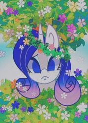 Size: 645x900 | Tagged: safe, artist:stacy_165cut, rarity, pony, unicorn, g4, bust, female, flower, flower in hair, horn, looking at you, mare, plant, solo