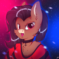 Size: 1300x1300 | Tagged: safe, artist:chura chu, oc, oc only, oc:vivian rosilyn, anthro, black hair, bust, clothes, commission, coral, female, mare, portrait, red eyes, shirt, simple background, solo, t-shirt