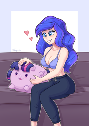 Size: 2480x3508 | Tagged: safe, artist:dandy, part of a set, princess luna, twilight sparkle, alicorn, human, pony, bare shoulders, blushing, bra, breasts, busty princess luna, chubbie, cleavage, clothes, couch, female, heart, heart eyes, humanized, midriff, pants, plushie, sitting, sleeveless, smiling, solo, sweatpants, twilight sparkle (alicorn), underwear, wingding eyes