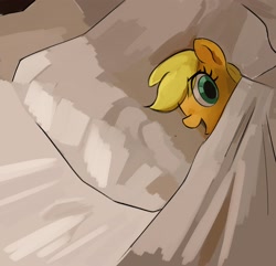 Size: 2406x2322 | Tagged: safe, artist:_ton618_, applejack, earth pony, pony, g4, bed, blanket, eye clipping through hair, female, high res, lying down, mare, on side, open mouth, pillow, solo