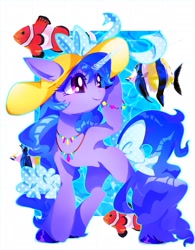 Size: 1460x1875 | Tagged: safe, artist:stacy_165cut, izzy moonbow, fish, pony, unicorn, g5, bow, bracelet, clownfish, female, hat, jewelry, mare, necklace, smiling, solo, sun hat, tail, tail bow, unshorn fetlocks