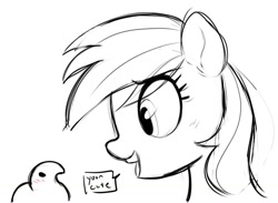 Size: 1233x904 | Tagged: safe, artist:_ton618_, rainbow dash, pegasus, pony, g4, blushing, bust, candy, dialogue, female, food, mare, misspelling, peep, peeps, side view, simple background, solo, speech bubble, talking, white background