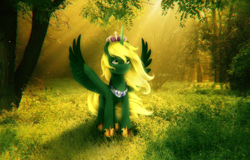 Size: 2585x1653 | Tagged: safe, artist:mira.veike, oc, oc only, oc:prince ecosis, alicorn, pony, g5, my little pony: a new generation, alicorn oc, chromatic aberration, crepuscular rays, forest, grass, horn, jewelry, male, nature, outdoors, regalia, solo, spread wings, stallion, sunlight, tree, wings