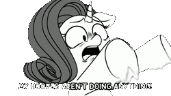 Size: 1280x720 | Tagged: safe, artist:makaryo, editor:seiken, rarity, pony, unicorn, g4, animated, bust, caption, female, flailing, floppy ears, frown, gif, hooves, horn, horrified, loop, mare, marshmelodrama, monochrome, open mouth, perfect loop, rarity being rarity, simple background, solo, text, transparent background, underhoof, wide eyes, youtube link