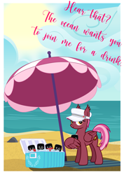 Size: 3543x5010 | Tagged: safe, artist:bnau, oc, oc only, oc:zeny, pegasus, pony, alcohol, alternate hairstyle, beach, beach towel, beach umbrella, beer, beer can, cap, cooler, female, german, hat, holding, ice, looking at you, mare, ocean, postcard, show accurate, solo, sun, umbrella, vector, water, wing hands, wings, writing