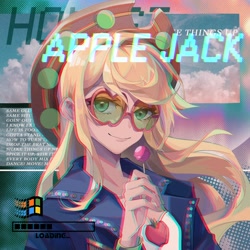 Size: 2362x2362 | Tagged: safe, artist:alice-x, part of a set, applejack, human, equestria girls, g4, my little pony equestria girls: summertime shorts, shake things up!, anaglyph 3d, apple, candy, equestria music festival, female, food, glasses, hat, high res, lollipop, looking at you, lyrics, microsoft windows, progress bar, solo, text, tomboy, webcore, windows 95